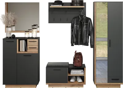 Produktbild von trendteam 5-teiliges Garderobenset Synnax Anthrazit Melamin/ Evoke Eiche Nachbildung B/H/T ca. 265/198/40 cm