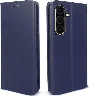Two views of a blue flip phone case.