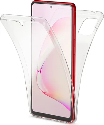 A clear phone case is shown partially covering a red smartphone.
