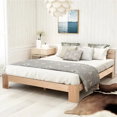 Produktbild von Merax manželská posteľ 140x200cm s čelom a lamelovým roštom, posteľ z masívneho dreva Funkčná posteľ Rám postele Rám postele z trámov Drevená posteľ z borovice, prírodná