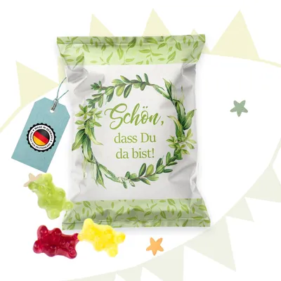 Produktbild von Logbuch-Verlag 10 Give-Aways Gummibärchen Päckchen grün weiß floral - Gastgeschenk Hochzeit SCHÖN DASS DU DA BIST - Hochzeitsdeko Süßigkeit50 Stück