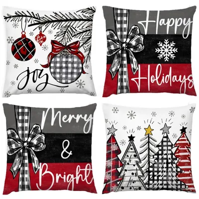 Immagine prodotto di Cuscini decorativi natalizi, 45x45 cm, motivo: fiocchi di neve, alce, albero di Natale, tessuto in peluche corto, confezione da 4 pezzi