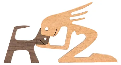 Produktbild von Rustikale Holzfigur mit Hund und Junge, minimalistische Welpenfamilienfigur, Geschenk für Hundeliebhaber, Schreibtischdekoration