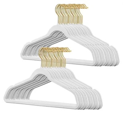 Produktbild von 50 Stück Samt Kleiderbügel in Weiß mit goldfarbenen Haken/Anti-Rutsch