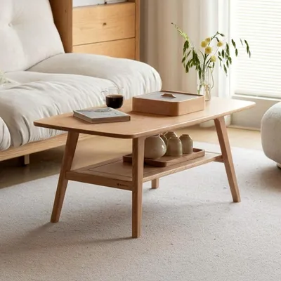 Image de Table basse en bois massif chêne, dimensions 80x50x44 cm, 2 niveaux, finition naturelle