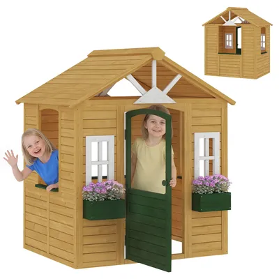 Produktbild von Kinderspielhaus aus Holz, Garten-Spielhaus Outdoor mit Tür, 3 Fenstern & 2 Blumenkästen, 134,5x97x150 cm, 3-8 Jahre, Braun
