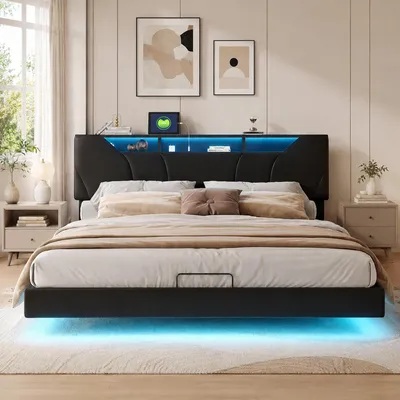 Produktbild von INONEFT Polsterbett schwebebett 160x200cm mit LED USB Typ-C, doppelbett mit hydraulik stauraum, jugendbett funktionsbett mit lattenrost, Polyurethanschwarz