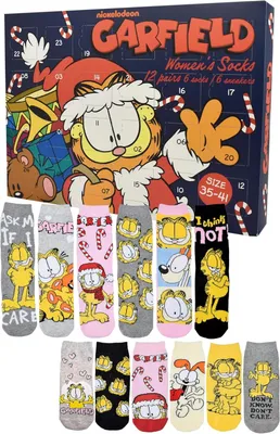 Produktbild von Garfield Adventskalender mit 12 Paar Socken für Damen – Größe 35-41 – Kalender mit Sneakern und langen Socken – Weihnachtskalender – Geschenk