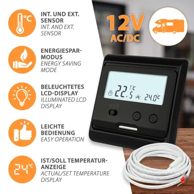Productafbeelding van 12V AC/DC thermostaatregelaar voor inbouw, zwart, met interne en externe sensor, ideaal voor elektrische vloerverwarming in campers/woonwagens.