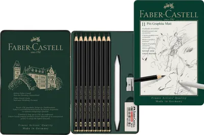 A Faber-Castell Pitt Graphite Matt set is displayed in its open tin packaging, with pencils and accessories laid out.