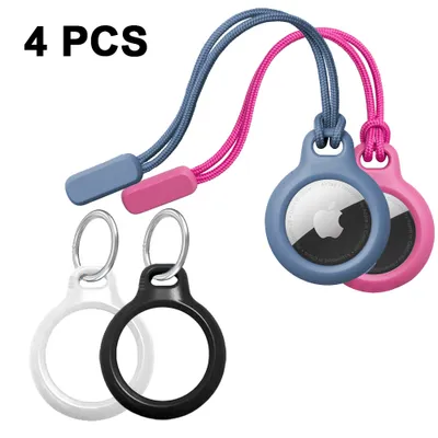 Produktbild von 4 Packungen AirTag Case Schlüsselanhänger, Schlüsselbundhalter für AirTags Artikel Schlüssel Rucksäcke, Air Tag Zubehör, Federschnalle schwarz + weiß + Lanyard pink + dunkelblau