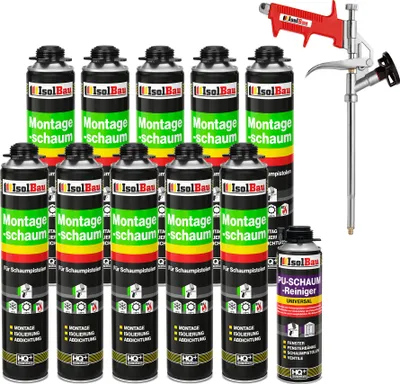 Produktbild von Isolbau Bauschaum-Set - Inkl. 10x 1K Montageschaum Pistolenschaum (je 750 ml), 1x Schaum-Pistole & 1xPU-Schaum-Reiniger (500 ml)