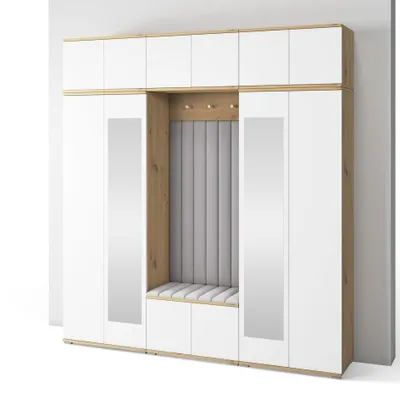 Produktbild von Garderoben-Set Aura Version 10: Kleiderschrank mit Polsterpaneelen, Schuhschrank Flur und Eingangsbereich (weiß/Artisan-Eiche /Trinity 32)
