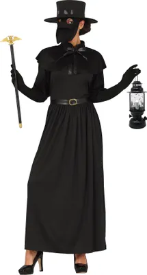 Produktbild von Mittelalter Halloween Kostüm Schwarz Maske Kleid Hut Gürtel Grusel, Größe: 42 - 44 (L) Farbe: Schwarz