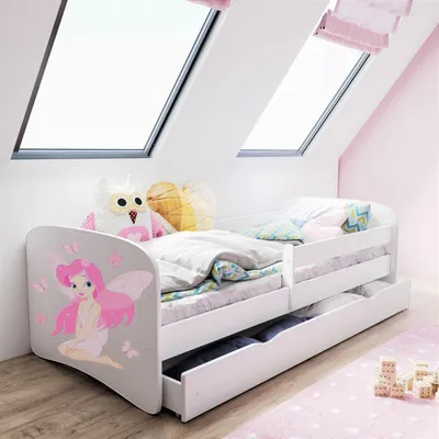 Produktbild von Kinderbett 180x80 mit Matratze, Rausfallschutz, Lattenrost & Schublade in weiß 80 x 180 Mädchen Bett rosa Fee