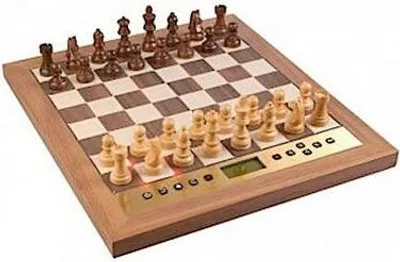 A chess board with pieces set up and a digital display on the side.