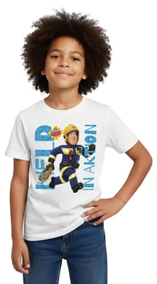 Produktbild von Spreadshirt Feuerwehrmann Sam™ Held In Aktion Cooles Design Kinder T-Shirt, 98/104 (3-4 Jahre), Weiß