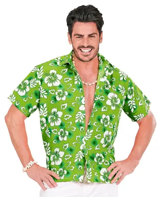 Hawaiihemd Herren, Blumenmuster, Kurzarm, Grün, M/L