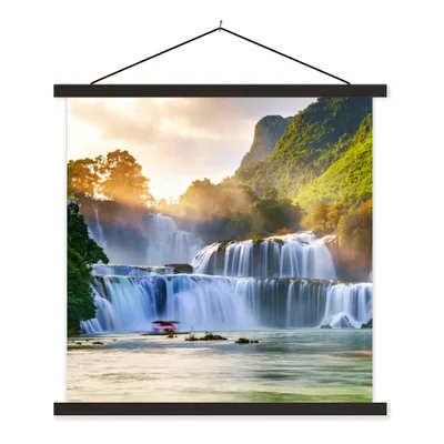 Produktbild von MuchoWow® Textilposter Wasserfall - Pflanzen - Sonne - Wasser - Natur 60x60 cm mit schwarzem Rahmen - Posteraufhänger