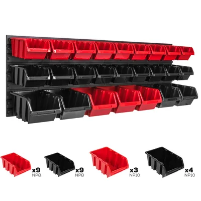 Produktbild von Lagersystem Wandregal 1152 x 390 mm | 25 stck. Box | Stapelboxen Schüttenregal Sichtlagerkästen | Extra Starke Wandplatten | Regal Erweiterbar | Werkstattregal Lagerregal Werkstattwandregal Steckregal