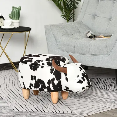 Produktbild von Tierhocker mit Stauraum, Polsterhocker Schweinchen-Design, Sitzhocker Fußbank, Schwarz/Weiß | 62 x 35 x 36 cm | bis 120 kg | Flanellbezug