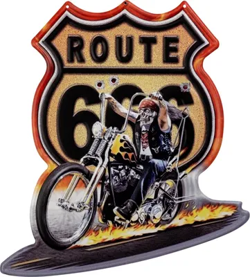 Image de Moritz Plaque en tôle 40 x 45 cm Route 666 Hell Rider Moto Flammes Déco Plaque en métal Rétro Vintage Proverbes drôles