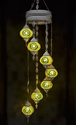 Produktbild von Hanglamp aus grünem Mosaikglas, handgefertigte orientalische Kronleuchter mit 7 Kugeln, cremeweiß