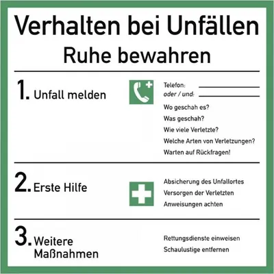 Produktbild von Dreifke® Schild Verhalten bei Unfällen, Kunststoff 18 x 18 cm Verhaltensregel...