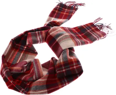 A tartan scarf is draped and folded against a white background.