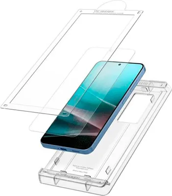 An exploded view of a smartphone screen protector installation kit, showing the phone, screen protector, and installation frame.