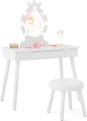 Produktbild von GOPLUS Schminktisch Kinder mit LED Spiegel, Frisiertisch mit Hocker im Prinzessinnen-Stil mit dimmbaren 3-farbigen LED-Leuchten und Schublade, Weiß