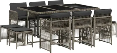 Produktbild von 11-tlg. Garten-Essgruppe mit Kissen Grau Poly Rattan