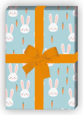 Produktbild von Süßes Häschen Geschenkpapier mit Karotten auf Punkten, hellblau - G11845, 32 x 48cm