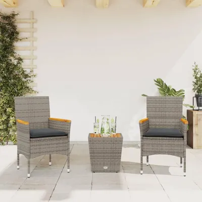 Produktbild von 3-teiliges Gartenmöbel-Set aus Poly-Rattan und Glas mit Kissen für Balkon, Terrasse und Garten
