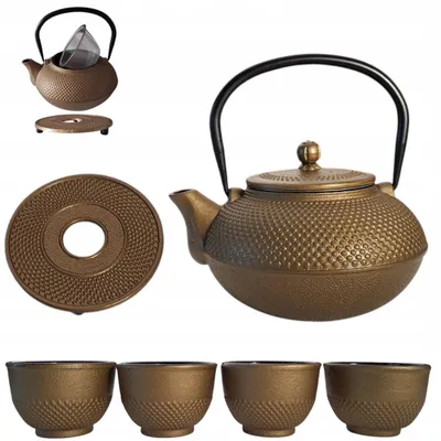 Produktbild von MPLCo Gusseiserne Teekanne 1,5L mit 4 Tassen Set Gold