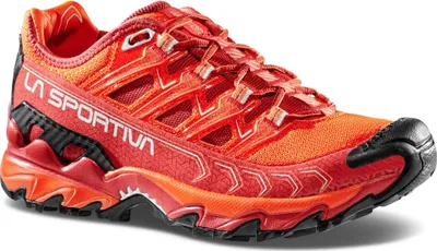 Trailrunning-Schuhe für Damen in leuchtendem Rot von La Sportiva; Modell Ultra Raptor II Woman; mit griffiger Sohle.
