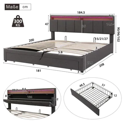 Produktbild von Doppelbett 180x200 cm - Polsterbett mit Stauraum - Hydraulischer Bettkasten - 2 Schubladen - LED-Beleuchtung - Leinenstoff grau