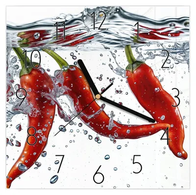 Produktbild von Wanduhr aus Glas mit Motiv Chilis im Wasser- 30 x 30 cm - inkl. Aufhängesystem
