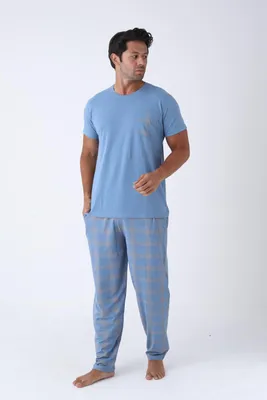 Produktbild von Herren Schlafanzug Kurzarm 2-teiliges Pyjama-Set aus 100 % Baumwolle Hellblau/Dunkelblau Gr. L–3XL