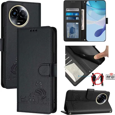 Produktbild von Leder Hülle für Realme 11 5G Süße Katze Flip Case Brieftasche Schutzhülle mit Standfunktion Schwarz