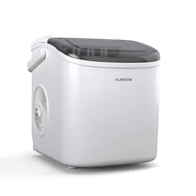 A white ice maker with a transparent gray lid is shown against a white background.
