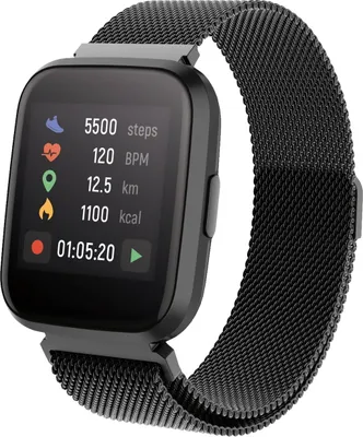 A smartwatch with a black mesh band is displayed against a white background.