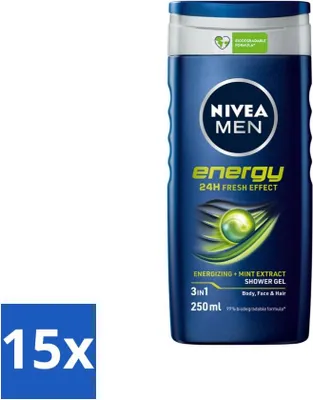 Obrázok produktu pre Nivea Men Energy sprchový gél - Dlhotrvajúci pocit sviežosti - 250 ml - Hodnotné balenie - 15 kusov