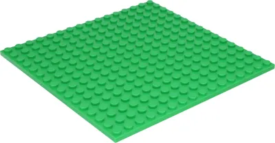 A green LEGO base plate is shown from a slightly elevated angle against a white background.