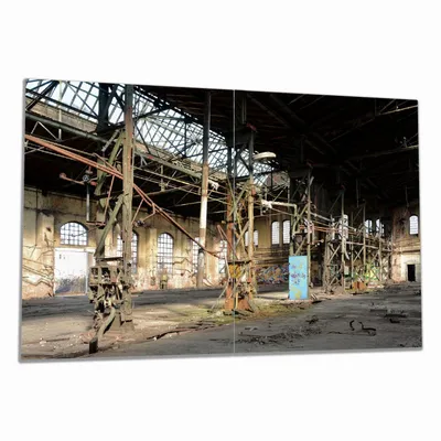 Produktbild von Wallario Herdabdeckplatte aus Glas, Größe 80 x 52 cm 2-teilig, Motiv Verlassene Industriehalle - Alte Fabrik