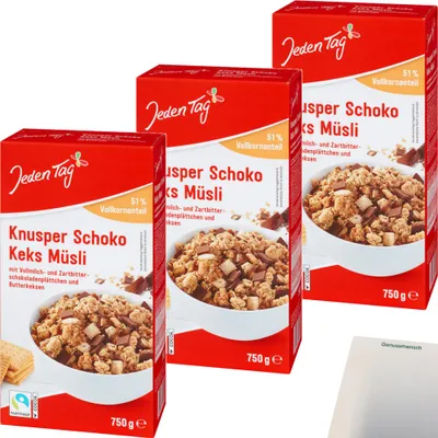 Produktbild von Jeden Tag Knusper Schoko Keks Müsli 3er Pack (3x750g Packung) + usy Block