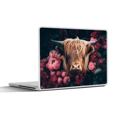 Produktbild von MuchoWow® Laptop Aufkleber Sticker Cover Kuh - Schottischer Hochländer - Blumen - Botanisch 30x22 cm - Laptop-Sticker