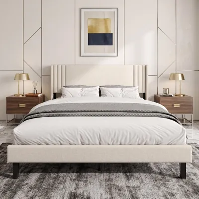 Produktbild von INONEFT Polsterbett 140x200cm, Doppelbett mit lattenrost und Kopfteil, Jugendbett, Bettgestell, ohne Matratze, Leinen, Beige