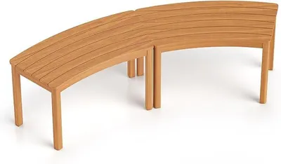 Imagen del producto de Juego de 4 bancos de jardín resistentes a la intemperie, banco de exterior de madera sin respaldo, banco de madera curvo, banco de terraza de madera de acacia, banco para jardín, balcón, terraza, estilo natural