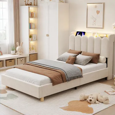 Produktbild von okwish Polsterbett 90×200 mit Leselampe und Stauraum am Kopfteil, Jugendbett mit USB und Type-C, Einzelbett in Beige,ohne Matratze